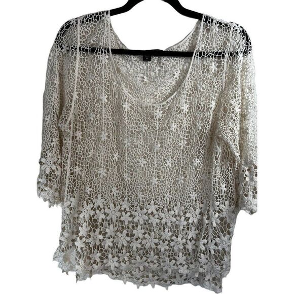 Fever Tops - Fever Round Neck Crocheted High Low Hem Cover Up Blouse.  Beige.  Size Medium